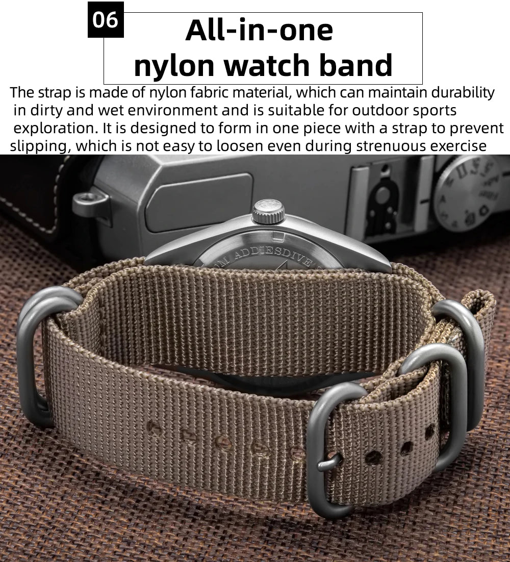 Relógio analógico masculino ADDIESDIVE 36mm com vidro espelhado bolha, 100m à prova de água, luminoso, simples, em quartzo, com bracelete em nylon