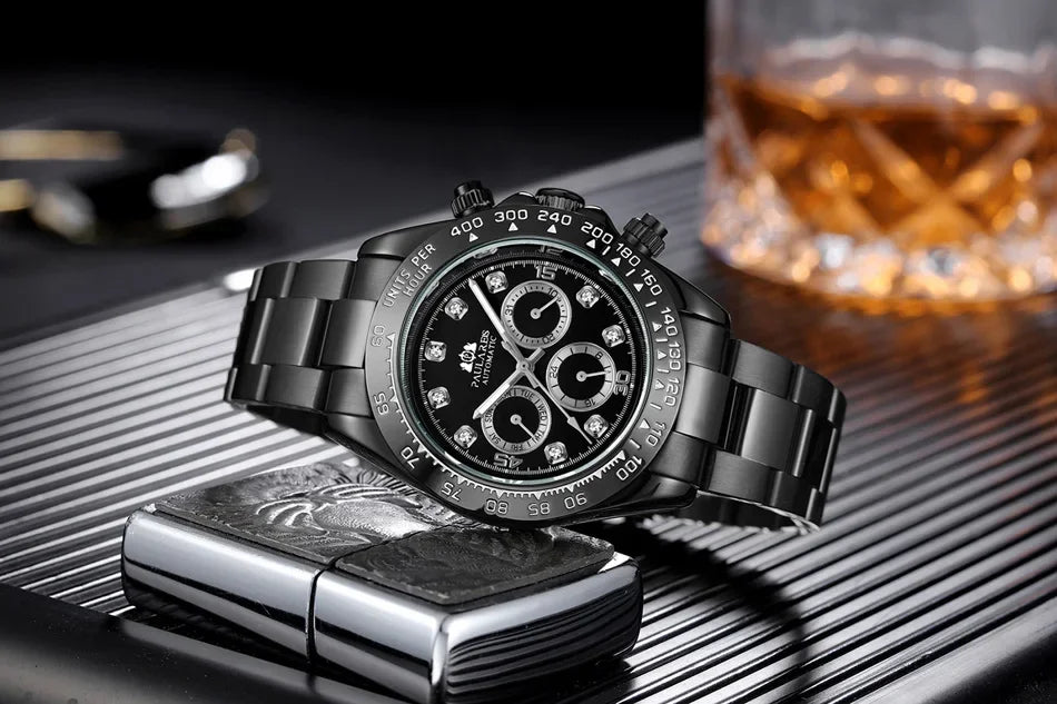 Automatic Mens Watch Mechanical Self Wind Movement Gold Black Stainless Steel Diamonds Stone Sports Luxury Fashion Watches