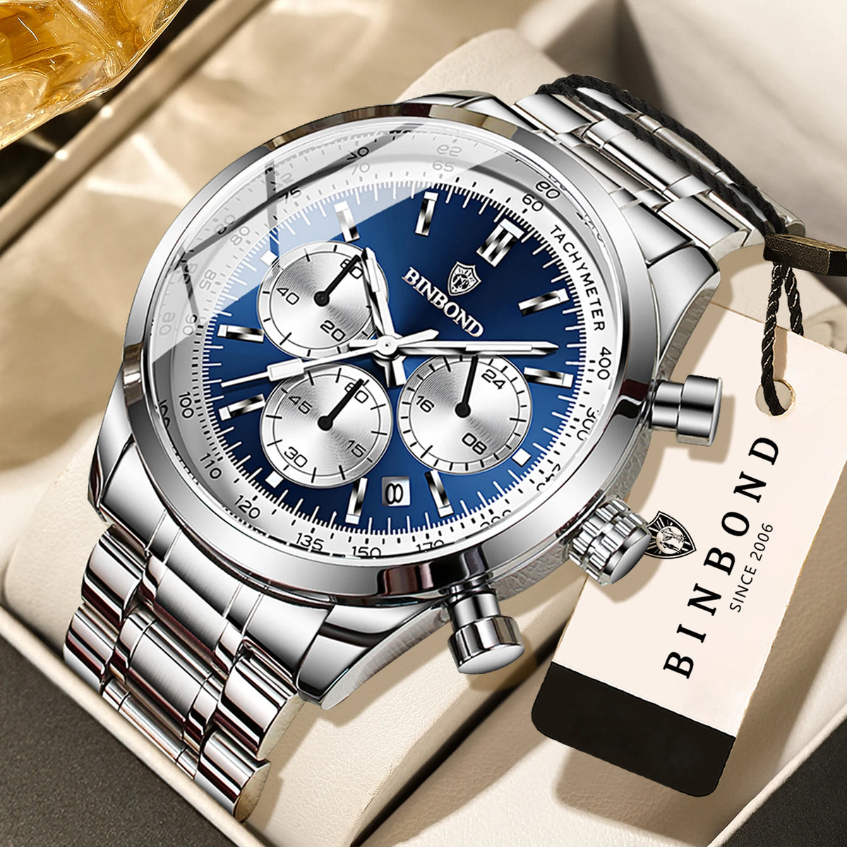 BINBOND men’s quartz watch: elegant, robust and accurate, with automatic date, chronograph, luminescent hands and water-resistant. Casual style.