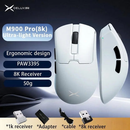 Delux M900PRO Versione ultraleggera Mouse gaming wireless ergonomico 1K/8K Polling Rate 50g PAW3395 per gamer PC destrorsi con mano grande