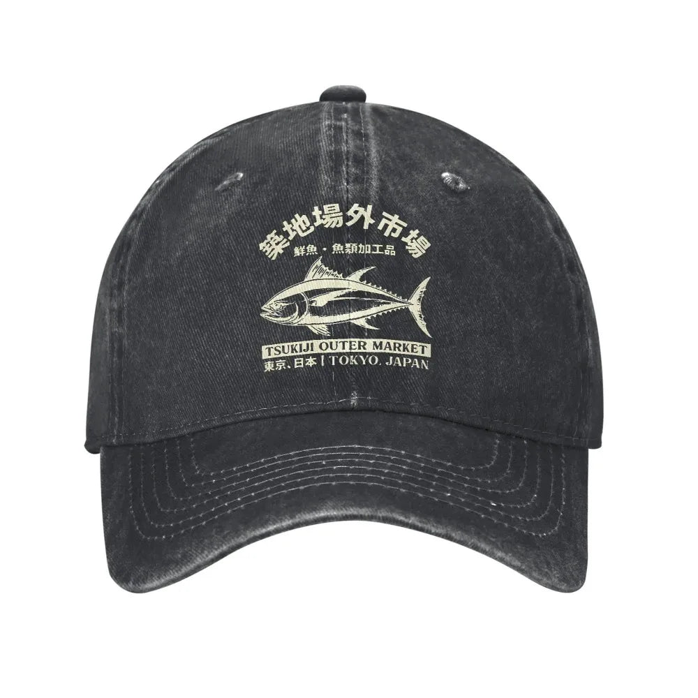 Japanilainen Tsukiji-kalamarkkinat -aiheinen, pesetty baseball-lippalakki, Tokyo, Japani, naisten ja miesten snapback-lippalakki