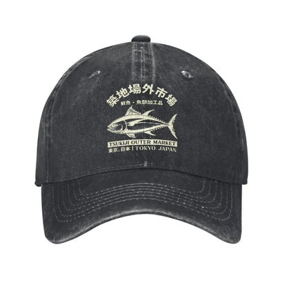 Japanilainen Tsukiji-kalamarkkinat -aiheinen, pesetty baseball-lippalakki, Tokyo, Japani, naisten ja miesten snapback-lippalakki