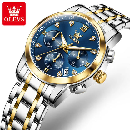 OLEVS ladies’ watch, luxury brand, quartz, water-resistant, luminous, date display, chronograph, bracelet, dress watch with diamonds.