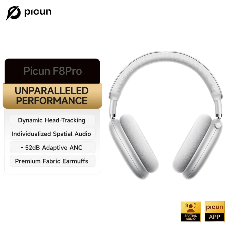 Auscultadores Sem Fios Picun F8 Pro ANC com Seguimento da Cabeça, Áudio Espacial 3D, ANC -52dB, Auscultadores Bluetooth HIFI com Microfone HD ENC, Baixa Latência e APP