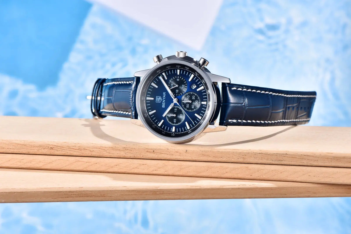 Benyar luxury men’s watch – Chronograph with date, leather strap, water-resistant, luminescent, sporty and military style, quartz watch