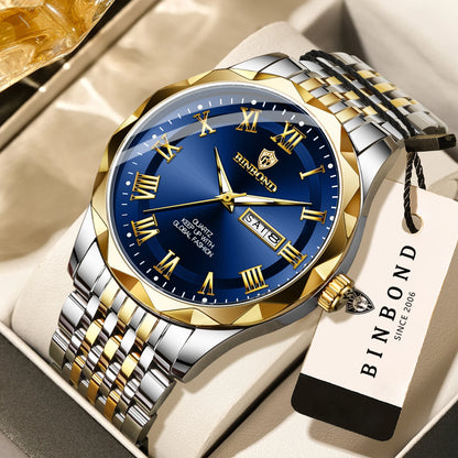 BINBOND Original Brand luxury quartz wristwatch for men, luminous, water-resistant, automatic date, day-of-the-week display, casual style.
