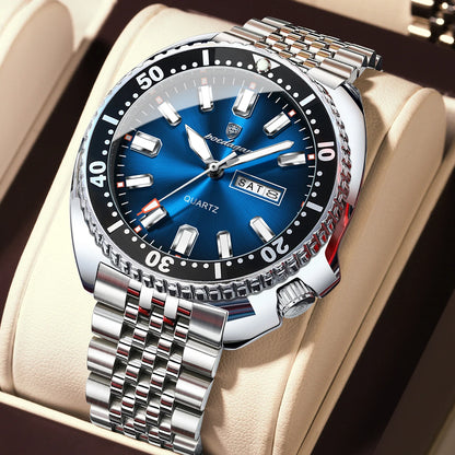 POEDAGAR luxury men’s watch, business style, with date and day of the week, water-resistant and luminous, made of stainless steel and powered by a quartz movement.