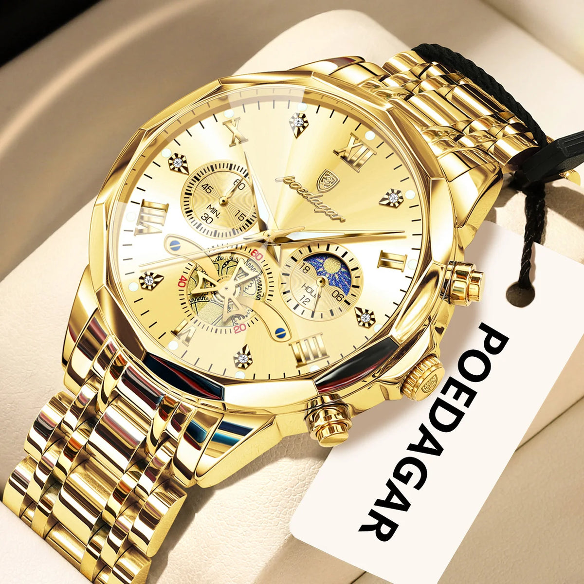 Original luxury POEDAGAR men’s watch, water-resistant, luminous chronograph, stainless steel quartz wristwatch, high-end men’s watches