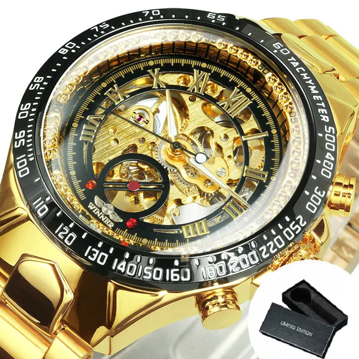 WINNER men’s automatic watch – Transparent skeletonised model, luminescent hands, stainless steel bracelet, luxury brand mechanical watch