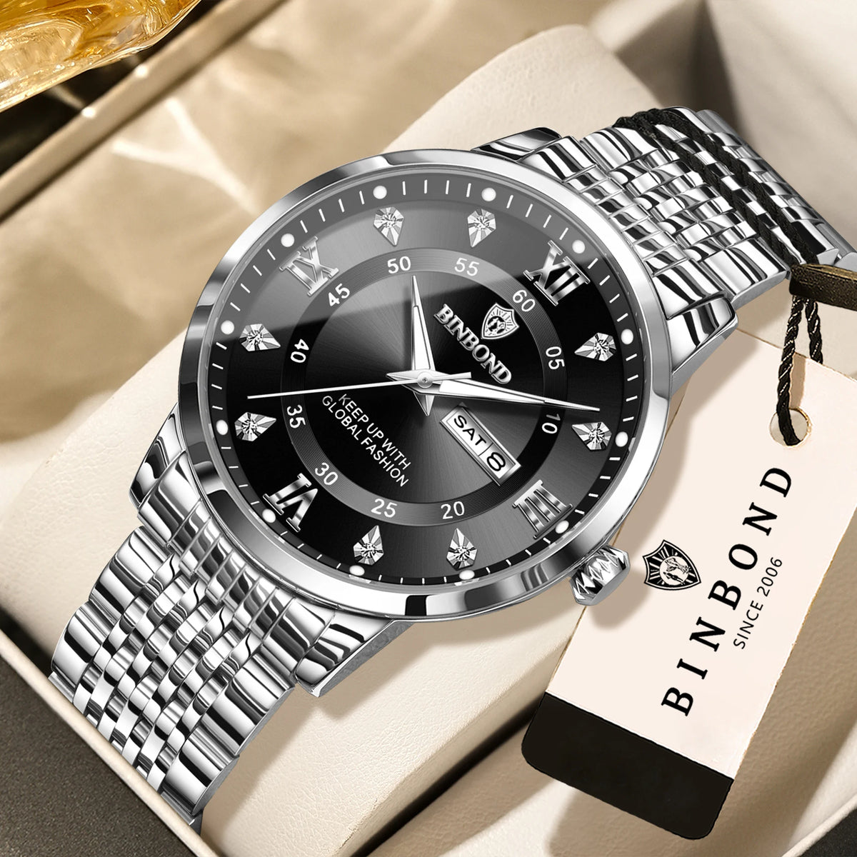 BINBOND luxury quartz wristwatch for men – Water-resistant, luminous, with day-of-the-week display – Business, sport, fashion and casual styles