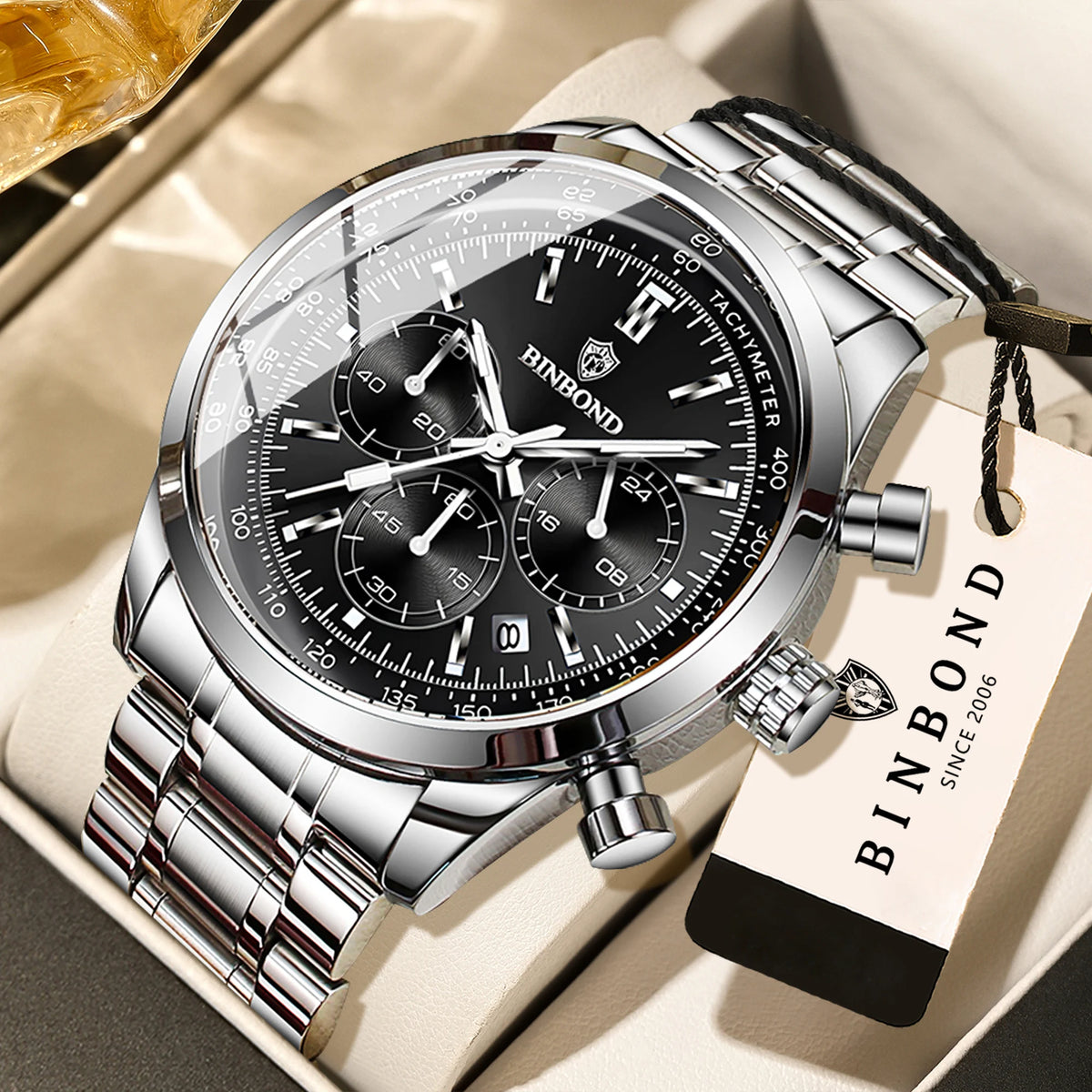 BINBOND men’s quartz watch: elegant, robust and accurate, with automatic date, chronograph, luminescent hands and water-resistant. Casual style.
