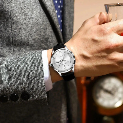 Trendy POEDAGAR men’s watch, leather strap, date and day display, luxury quartz watch, water-resistant, luminous, casual business style.