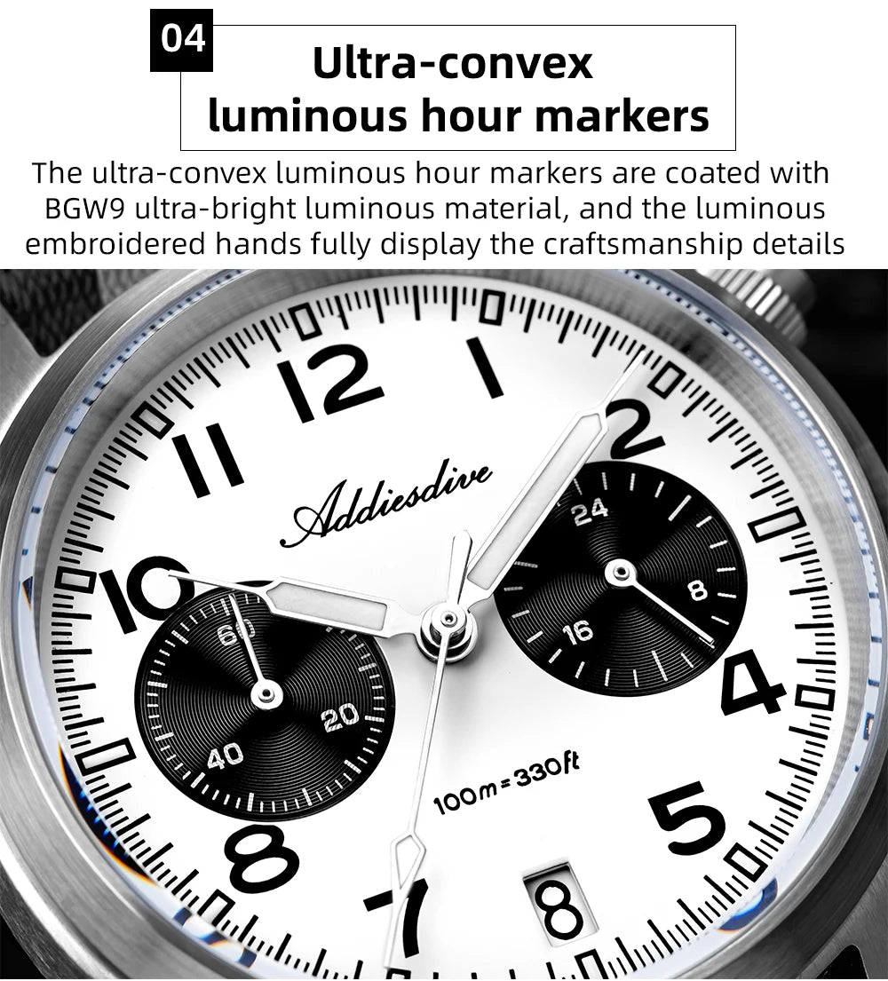 Relógio Masculino ADDIESDIVE 2025 New Panda Eye Retro Luxo VK64 Quartz, Cronógrafo Desportivo, 100M Impermeável, Luminoso