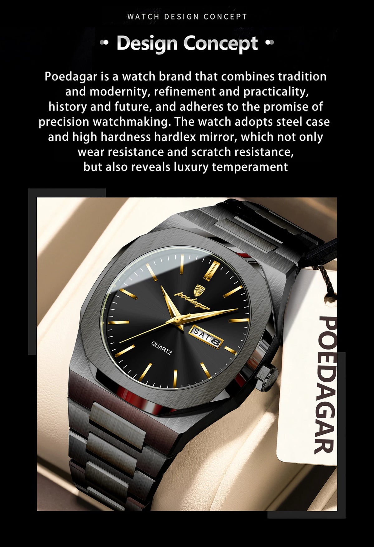 POEDAGAR Fashion Brand Male Watch Waterproof Luminous Stainless Steel Watches For Men Date Week Casual Quartz Men's Clock Reloj