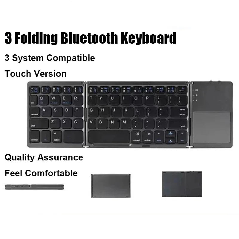 Teclado Bluetooth plegable en tres partes con touchpad, mini teclado portátil recargable, teclado inalámbrico para Windows Android iOS