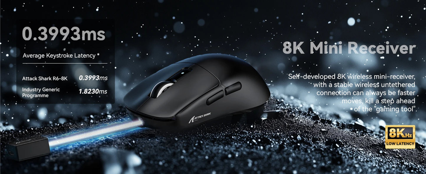 Rato Gaming Sem Fios Leve Attack Shark R6, Sensor PAW 3950Max para Computador com Nordic 52480, Polling 8KHz