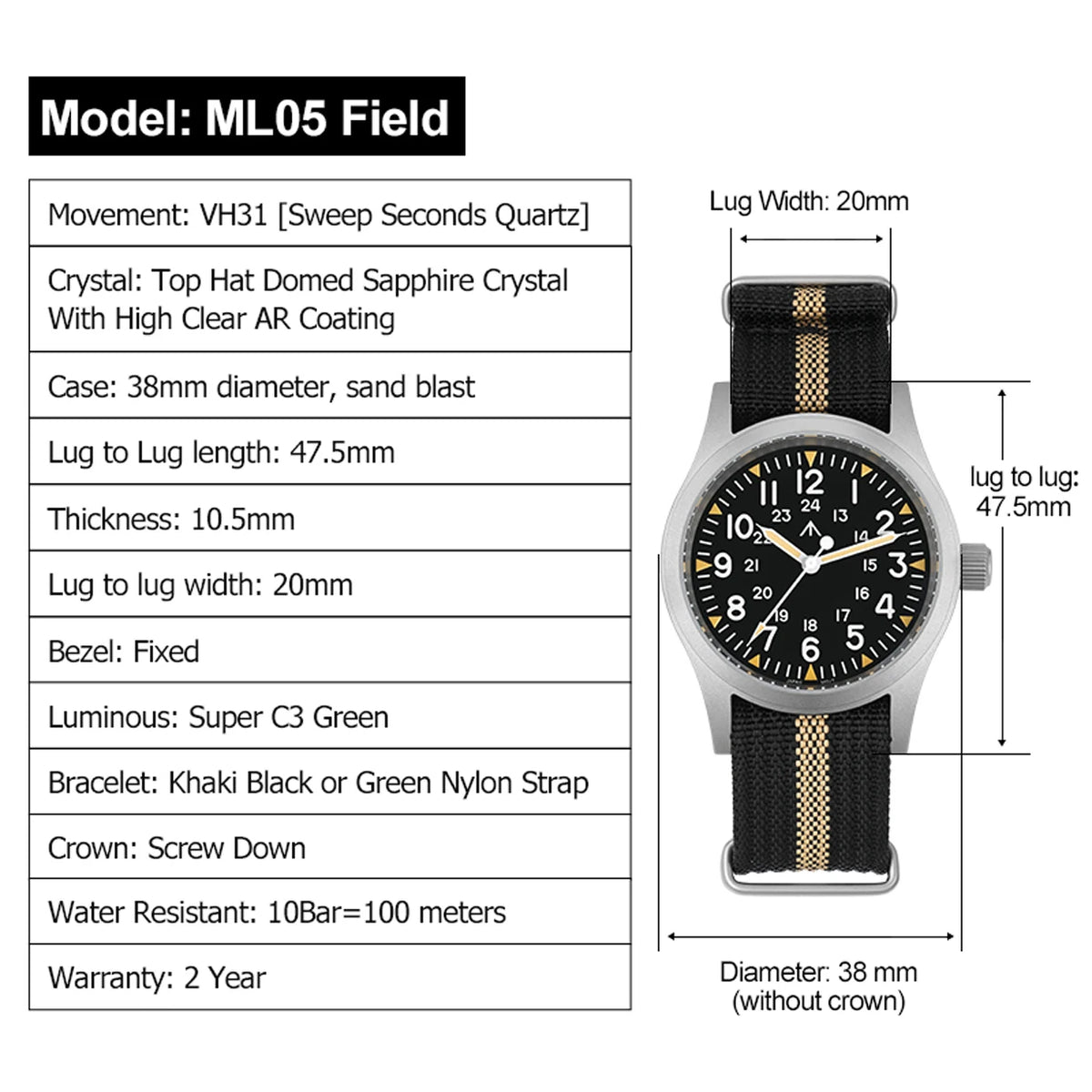 Militado ML05 38mm Vintage Watch VH31 Quartz Movement Field Watches Domed Sapphire Crystal With High Clear AR Coating Wristwatch