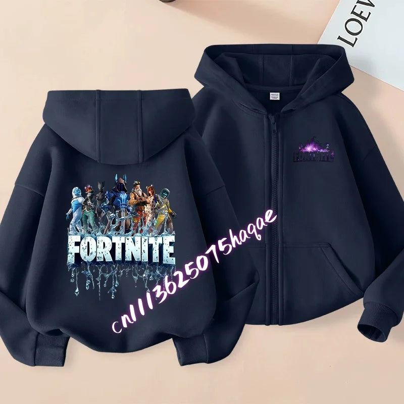 Ново детско яке с качулка Fortnites — суитшърт с цип и щампа на анимационен игрови персонаж, есенно-зимни дрехи за момчета
