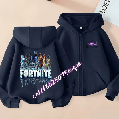 Ново детско яке с качулка Fortnites — суитшърт с цип и щампа на анимационен игрови персонаж, есенно-зимни дрехи за момчета