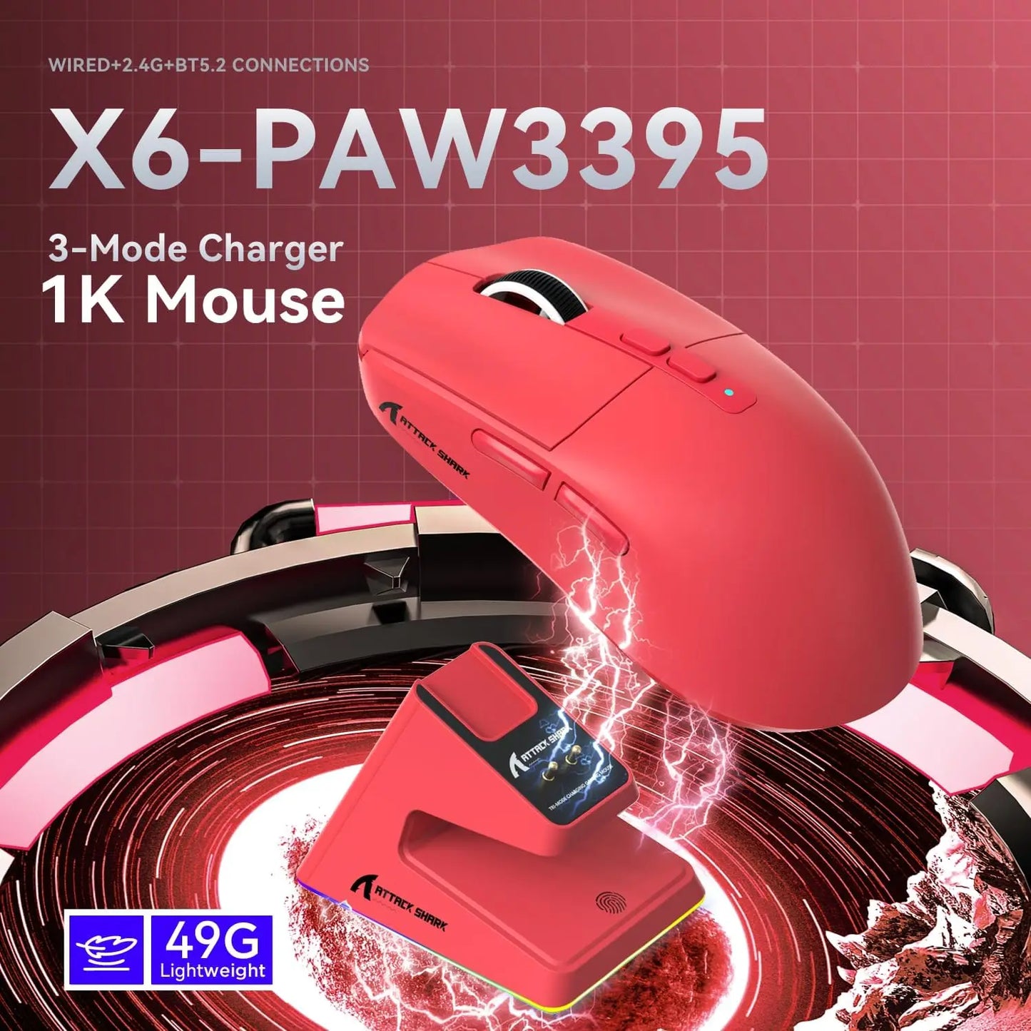 ATTACK SHARK X6 Tri-mode Gaming Mouse with Magnetic Charging Dock, PixArt PAW3395 Sensor, 26K DPI, 49g Ultralight, for PC/Mac