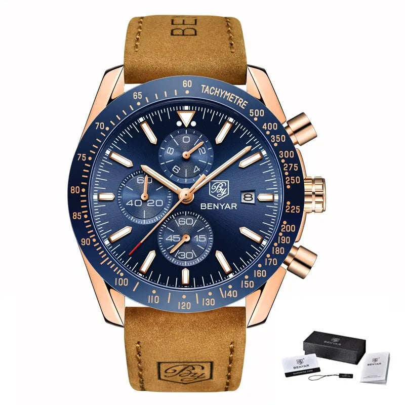 BENYAR luxury men’s watches – Quartz wristwatches with leather straps, water-resistant to 30 m, sporty style.