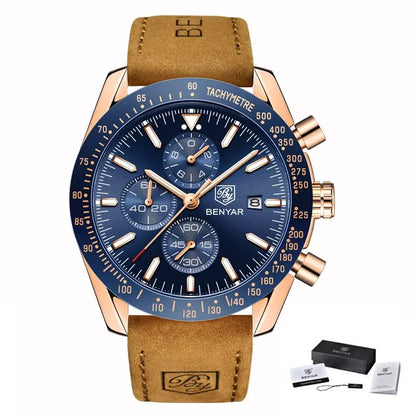 BENYAR luxury men’s watches – Quartz wristwatches with leather straps, water-resistant to 30 m, sporty style.