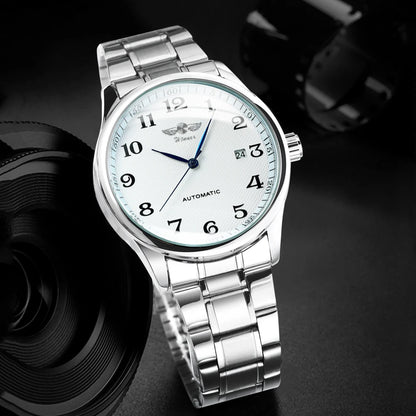 Herrklocka WINNER – Klassisk, retro och elegant stil – Mekanisk automatisk klocka med kalender – Lyxmärke, boett i stål och läderarmband