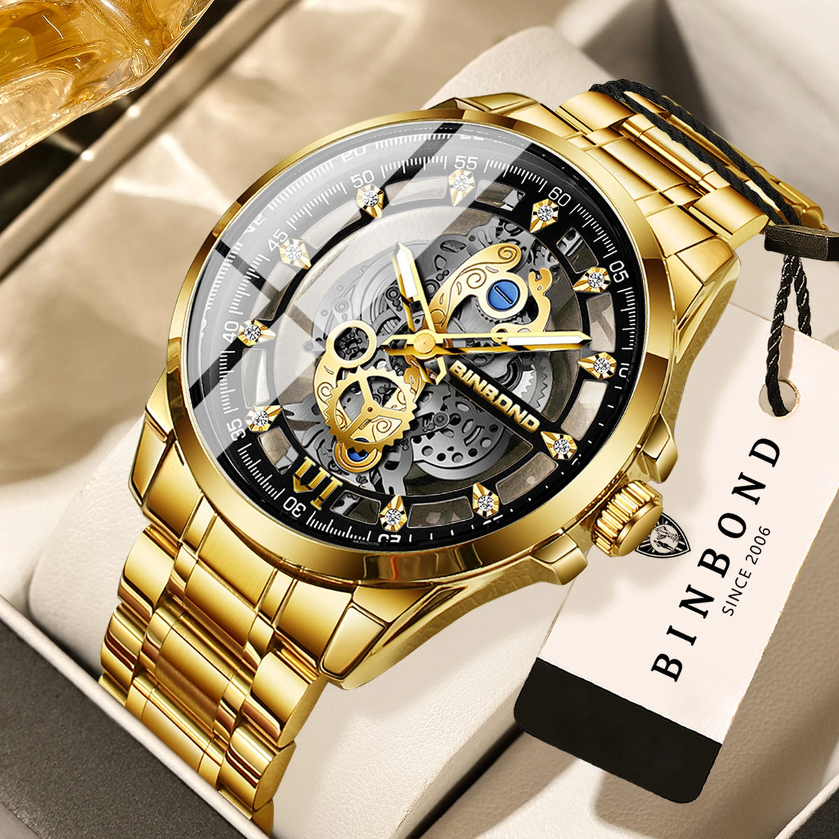 Vintage openwork BINBOND quartz wristwatch for men, luminous, water-resistant, accurate and durable, casual style.