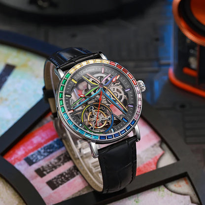 Férfi szkeleton óra, divatos stílusban, szivárvány színekben ragyogó drágakövekkel díszítve, tourbillon szerkezettel; luxus automata mechanikus óra, 30 méterig vízálló.