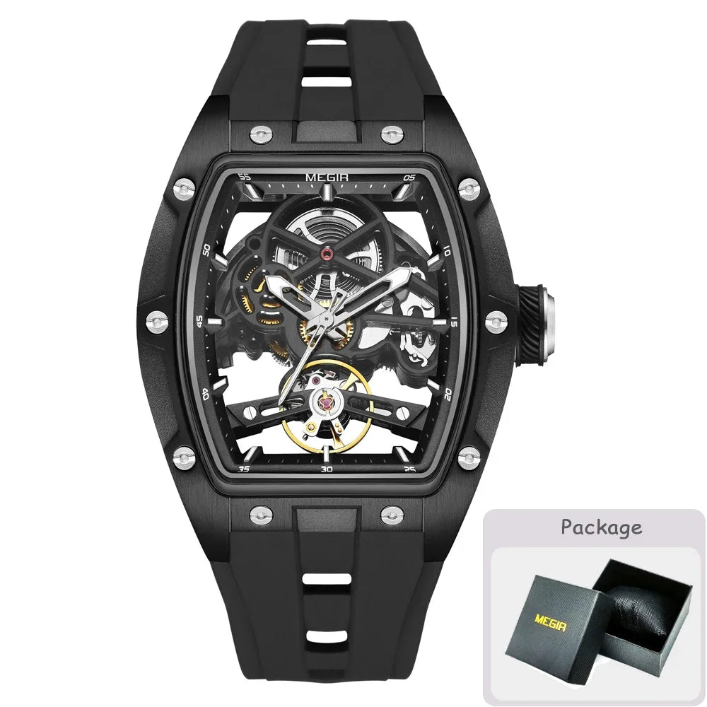 MEGIR Fashion Leisure Alloy Case Men Mechanical Watch Silicone Band Barrel Shaped Dial Luminous Pointer Design Man Wristwatch