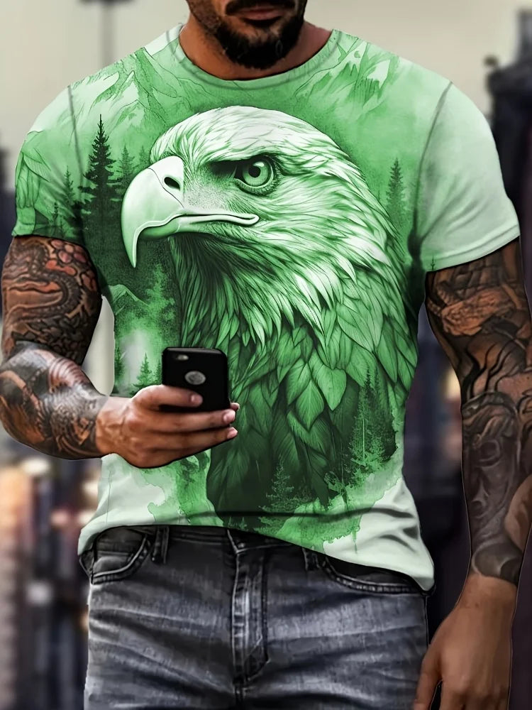 Patriottisch 3D-T-shirt voor heren met adelaarprint, casual ronde hals, korte mouwen, pullover voor zomerse mode en outdooractiviteiten, herenkleding