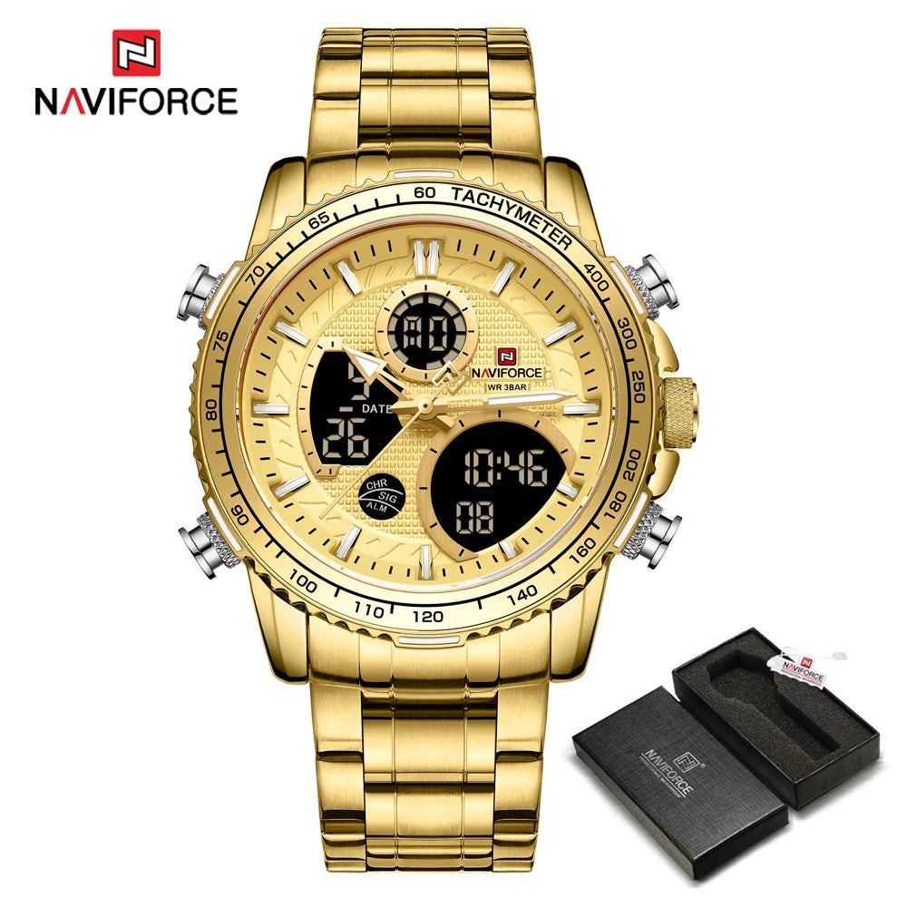 NAVIFORCE Men’s Sports Watch – Original luxury stainless steel wristwatch, water-resistant military-style model with dual display