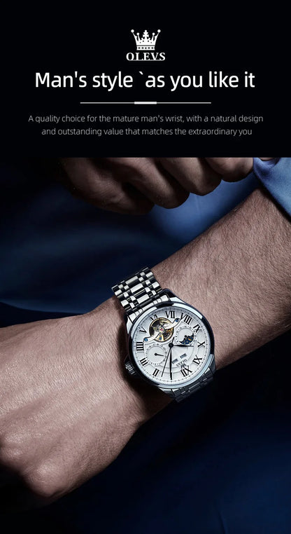 OLEVS 7013 Men's Watch Fashion Moon Phase Mechanical Watch For Men Waterproof Roman Scale Hollow Flywheel Automatic Hand Clock