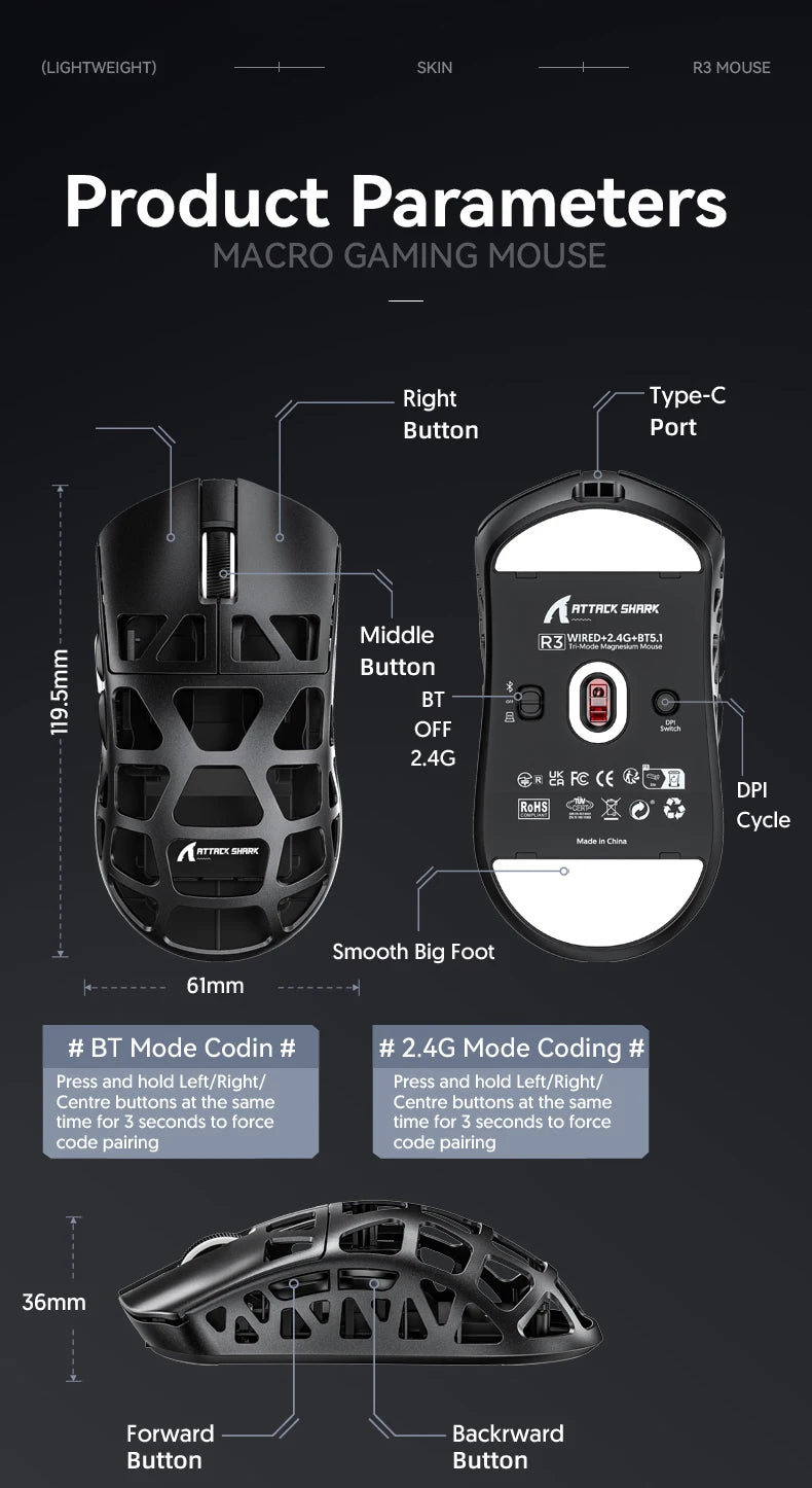ATTACK SHARK R3 gamingmus i magnesiumlegering med bikakestruktur, ultralätt 8K Hz, PAW3395-sensor, 26000 DPI, ergonomisk skalform