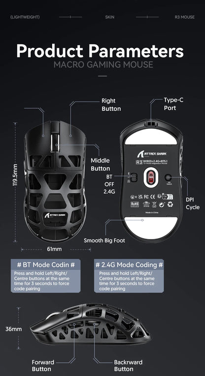 ATTACK SHARK R3 gamingmus i magnesiumlegering med bikakestruktur, ultralätt 8K Hz, PAW3395-sensor, 26000 DPI, ergonomisk skalform