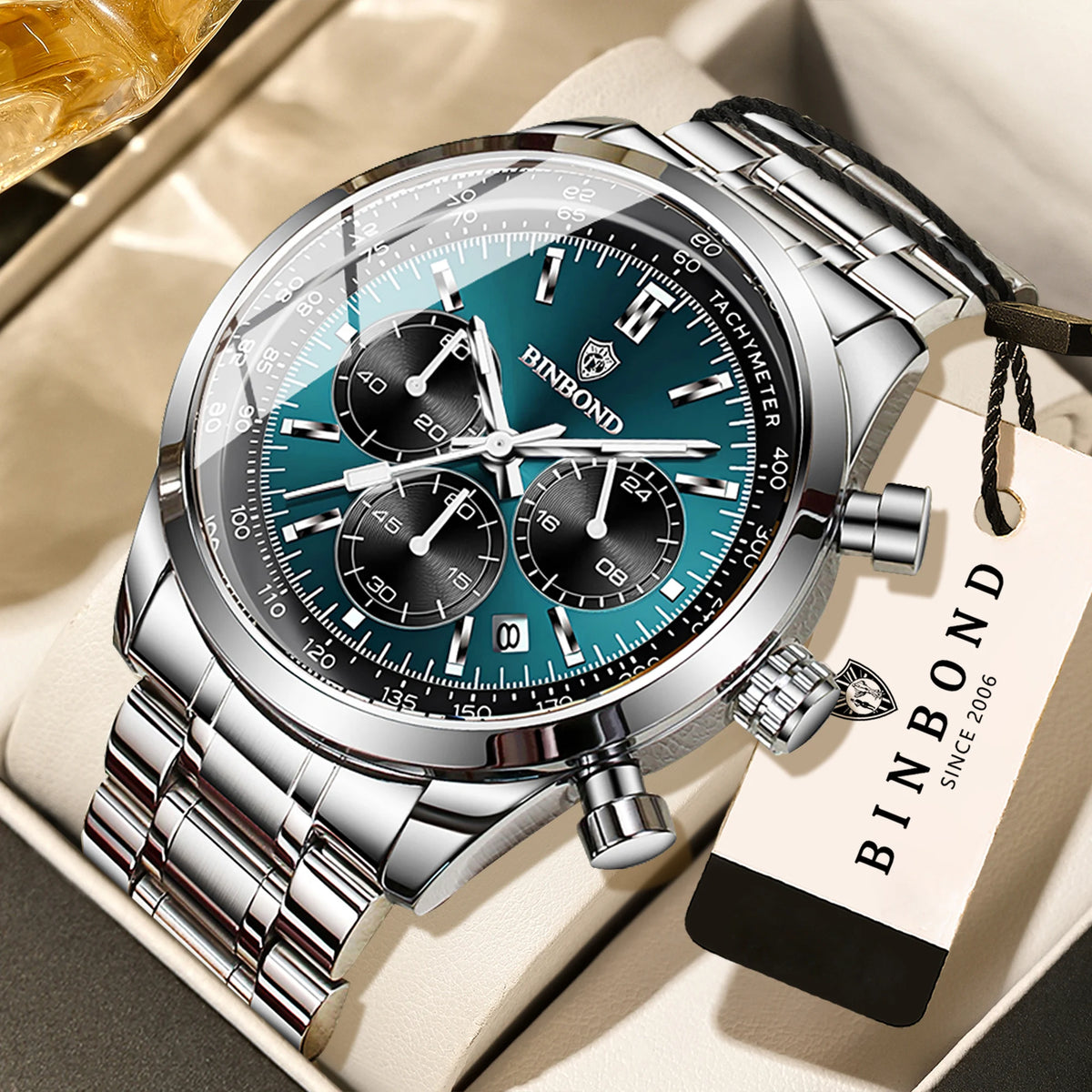 BINBOND men’s quartz watch: elegant, robust and accurate, with automatic date, chronograph, luminescent hands and water-resistant. Casual style.