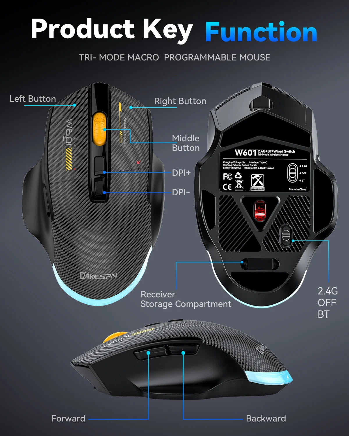 Mouse da gaming wireless Bluetooth, 12800 DPI, mouse RGB cablato/wireless con 7 pulsanti programmabili, per PC, laptop e gaming