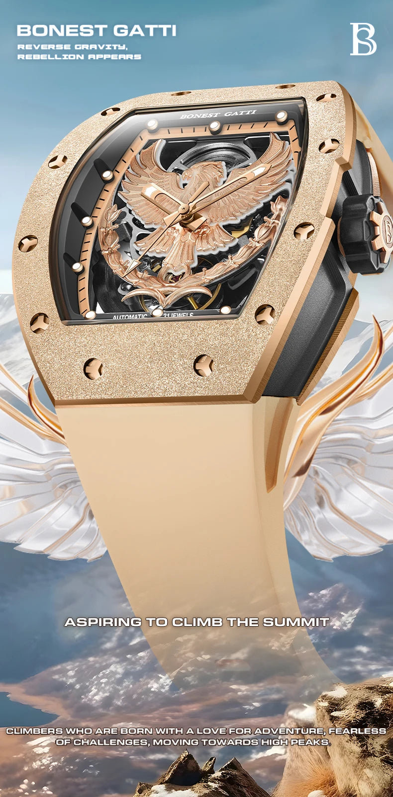 BONEST GATTI Luxury Men's Hollow Automatic Mechanical Watches Tonneau Sapphire Crystal Luminous Hollow Eagle Dial Rubber Straps