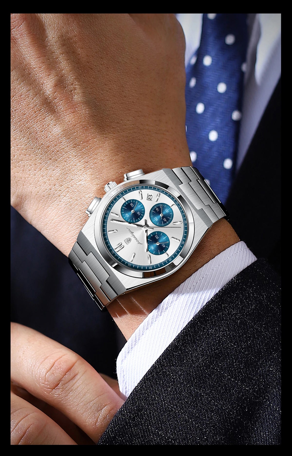 POEDAGAR Men’s Watch – Luxury stainless steel chronograph, with date, water-resistant and luminescent – Sporty quartz wristwatch