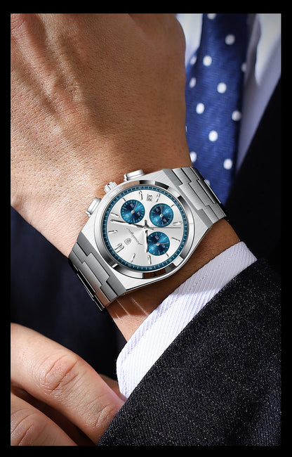 POEDAGAR Men’s Watch – Luxury stainless steel chronograph, with date, water-resistant and luminescent – Sporty quartz wristwatch