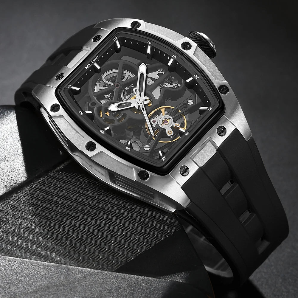 MEGIR Fashion Leisure Alloy Case Men Mechanical Watch Silicone Band Barrel Shaped Dial Luminous Pointer Design Man Wristwatch