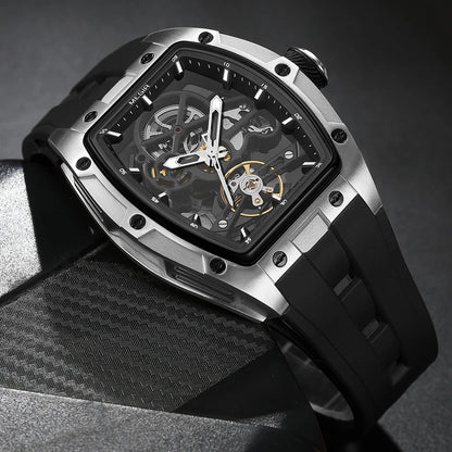 MEGIR Fashion Leisure Alloy Case Men Mechanical Watch Silicone Band Barrel Shaped Dial Luminous Pointer Design Man Wristwatch