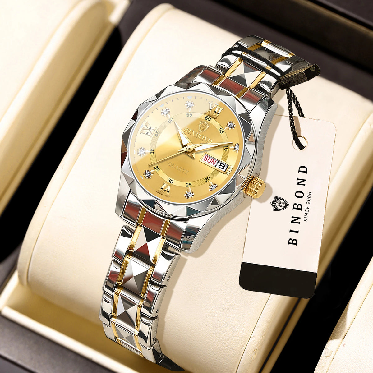 BINBOND ladies’ watch: a robust, luxurious, luminescent and water-resistant quartz watch, featuring an accurate date and day-of-the-week display.