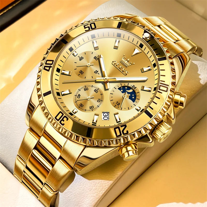 OLEVS men’s watch, luxury brand, gold-coloured military-style quartz watch, water-resistant, luminous date display, stainless steel case.