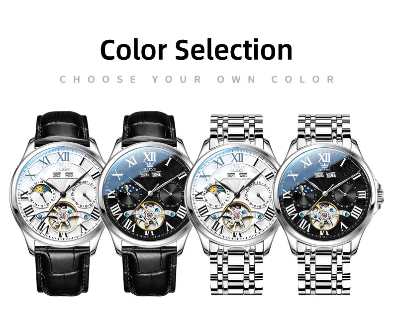 OLEVS 7013 Men's Watch Fashion Moon Phase Mechanical Watch For Men Waterproof Roman Scale Hollow Flywheel Automatic Hand Clock