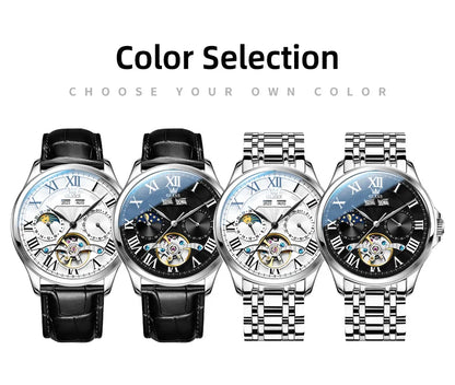 OLEVS 7013 Men's Watch Fashion Moon Phase Mechanical Watch For Men Waterproof Roman Scale Hollow Flywheel Automatic Hand Clock