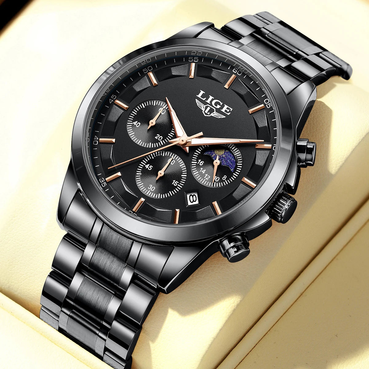 LIGE Men’s Watch – Luxury quartz chronograph, water-resistant (3 bar), with luminescent hands