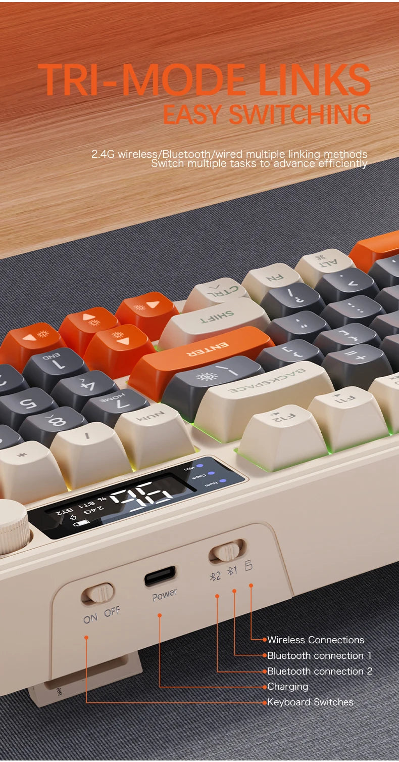 M96 kabellose Bluetooth-Tastatur FREEWOLF mit Digitalanzeige, RGB-Hintergrundbeleuchtung, 2000mAh-Akku & PBT-Tastenkappen für PC/Laptop