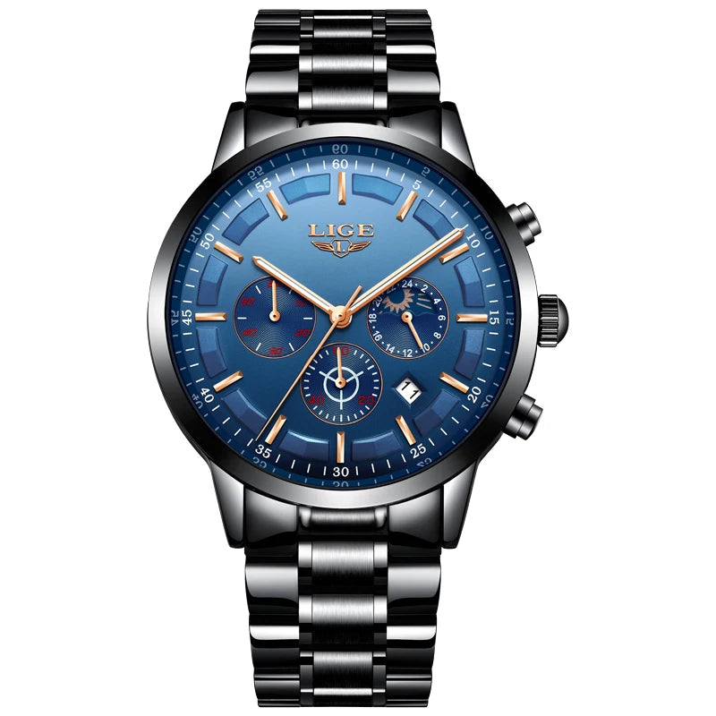Montre pour homme LIGE – Chronographe à quartz de luxe, étanche (3 bars), avec aiguilles luminescentes – Idée cadeau (boîte incluse)