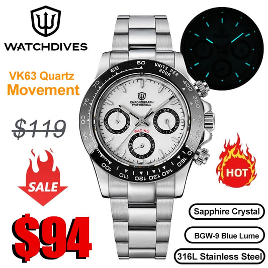 Watchdives WD16500 V2 Men Watch VK63 Quartz Movement Chronograph Wristwatch Stainless Steel Sapphire Crystal Luminous Watches